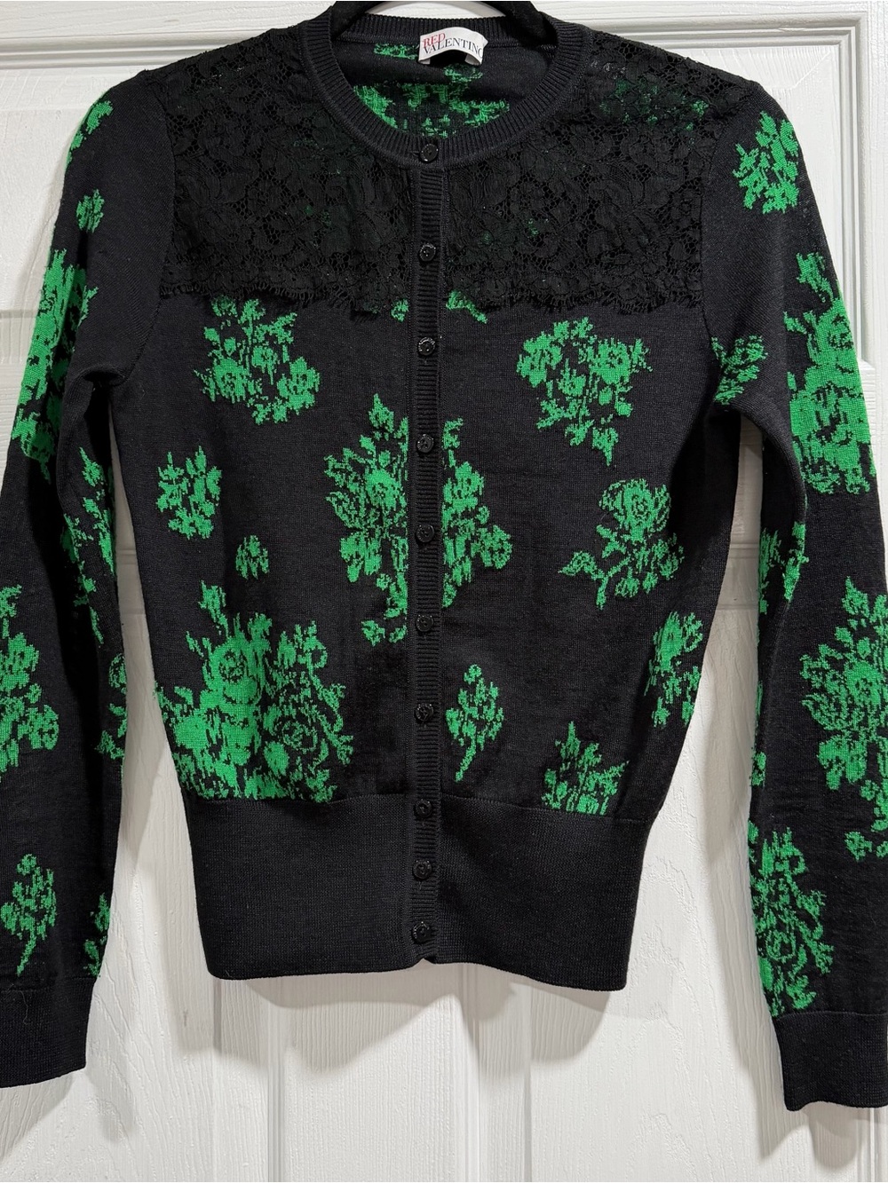 Red Valentino sweater size S M? Black green lace button up